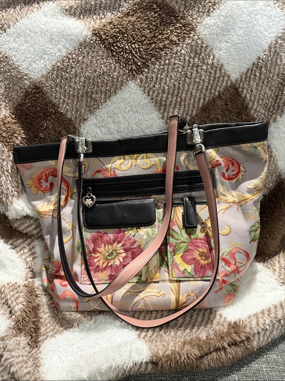 Floral Pattern Tote Bag with Pink Trim